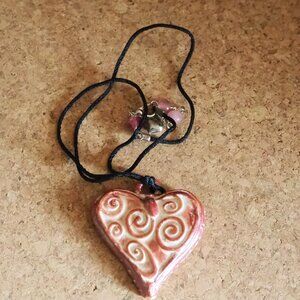 Handmade Pink Heart Pendant Necklace with Swirls 22" Long